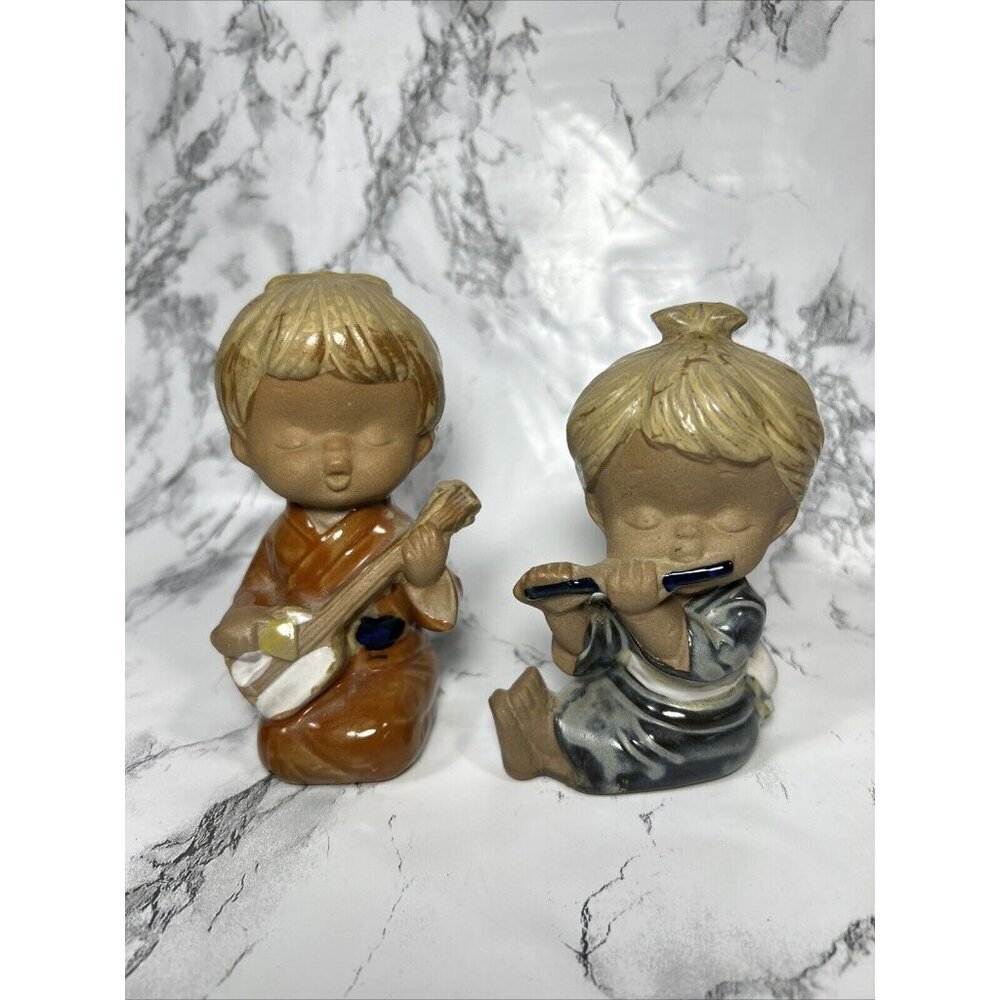 Vintage 1960’s Terracotta 4” Figurine Japan Girls Playing Biwa & Flute rare D2